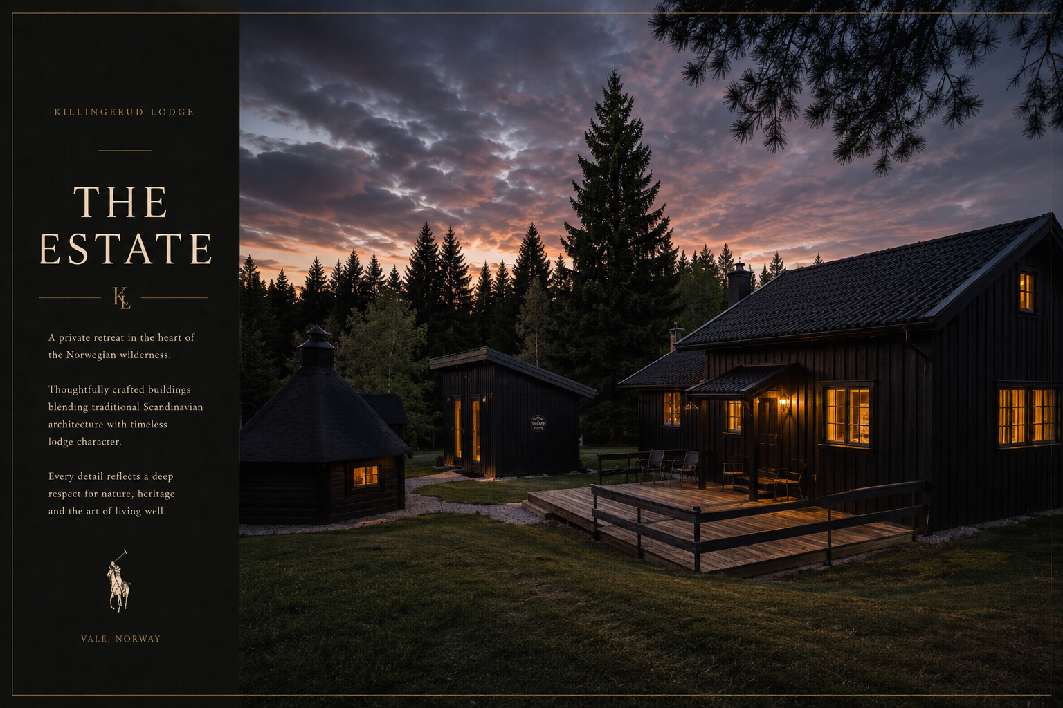 Killingerud Lodge buildings at dusk with warmly lit windows
