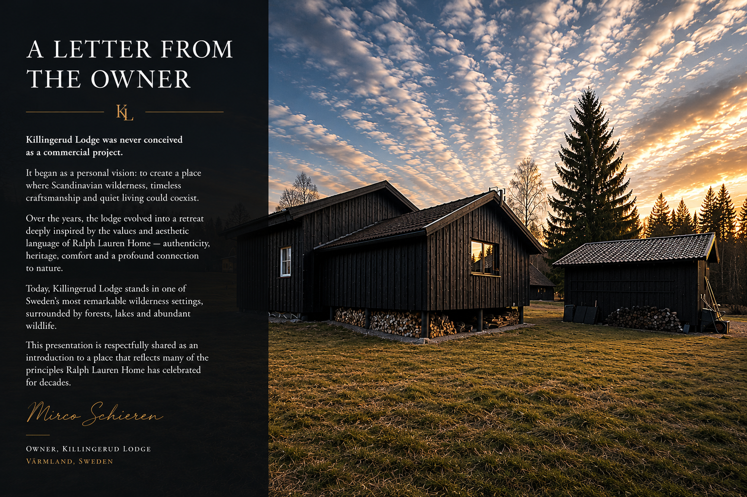 Lodge buildings under a wide, cloud-streaked Nordic sky