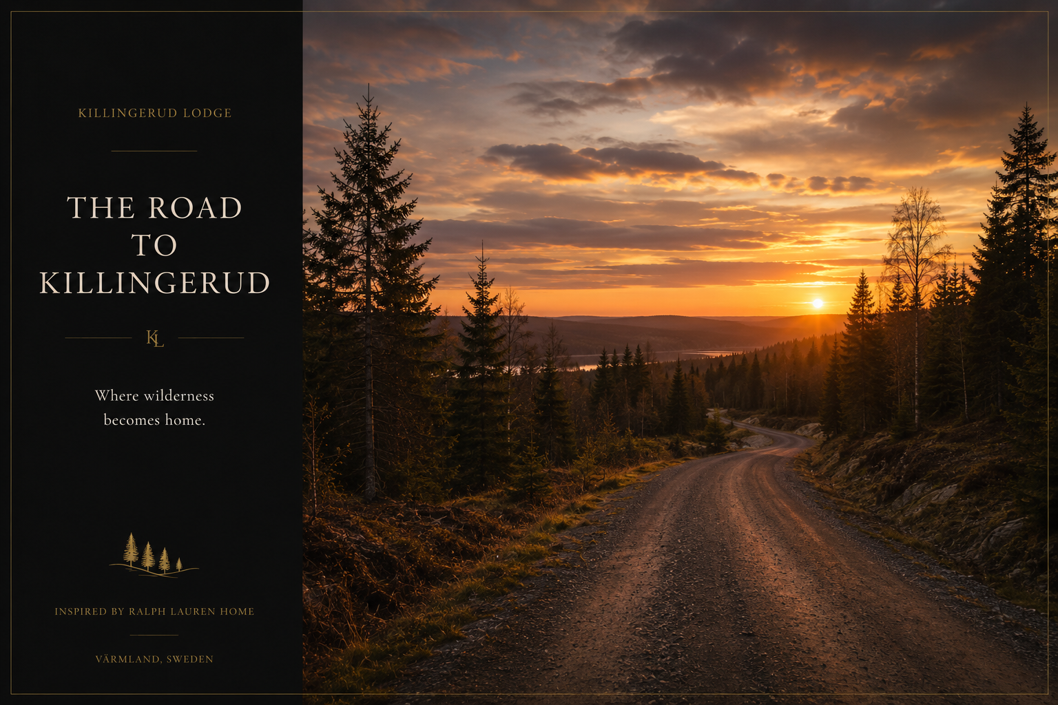 A gravel road through the Scandinavian forest at golden hour